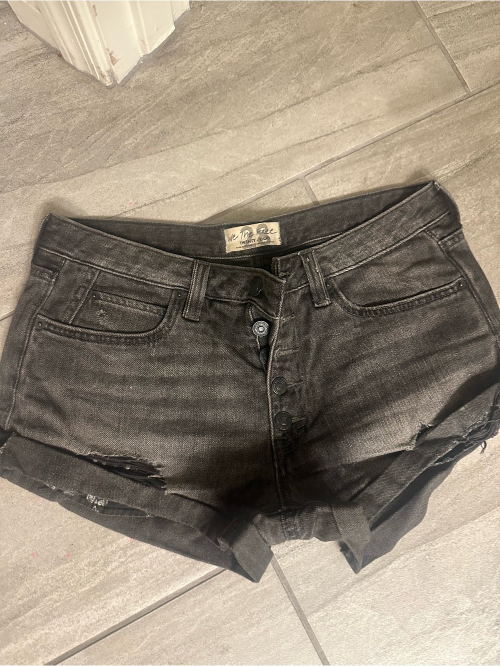 We The Free Black Button-Front Distressed Jean Shorts
